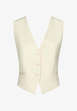 Gilet beige in lino con scollatura a V profonda, chiusura frontale a tre bottoni e due tasche laterali. Texture liscia, design sartoriale.