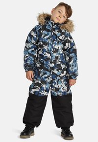 Zils un melns rakstains sniegotais kostīms ar mākslīgo kažokādu apmali kapucei, ar rāvējslēdzēju un elastīgiem aprocēm, kopā ar izturīgām melnām biksēm.