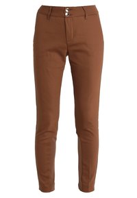 Pantalones marrones ajustados hechos de una tela suave, con un cierre de dos botones, bolsillos delanteros y un ajuste entallado.