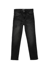 Mustat denim-farkut, joissa on slim fit -leikkaus, viisi taskua, etunapilla kiinnitys ja kevyt haalistuminen. Suora tekstuuri ja vakiopituus.