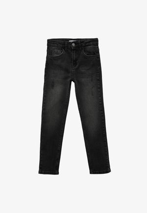 Vaqueros de mezclilla negros con corte ajustado, diseño de cinco bolsillos, cierre frontal de botón y ligero desvanecimiento. Textura suave con una longitud estándar.