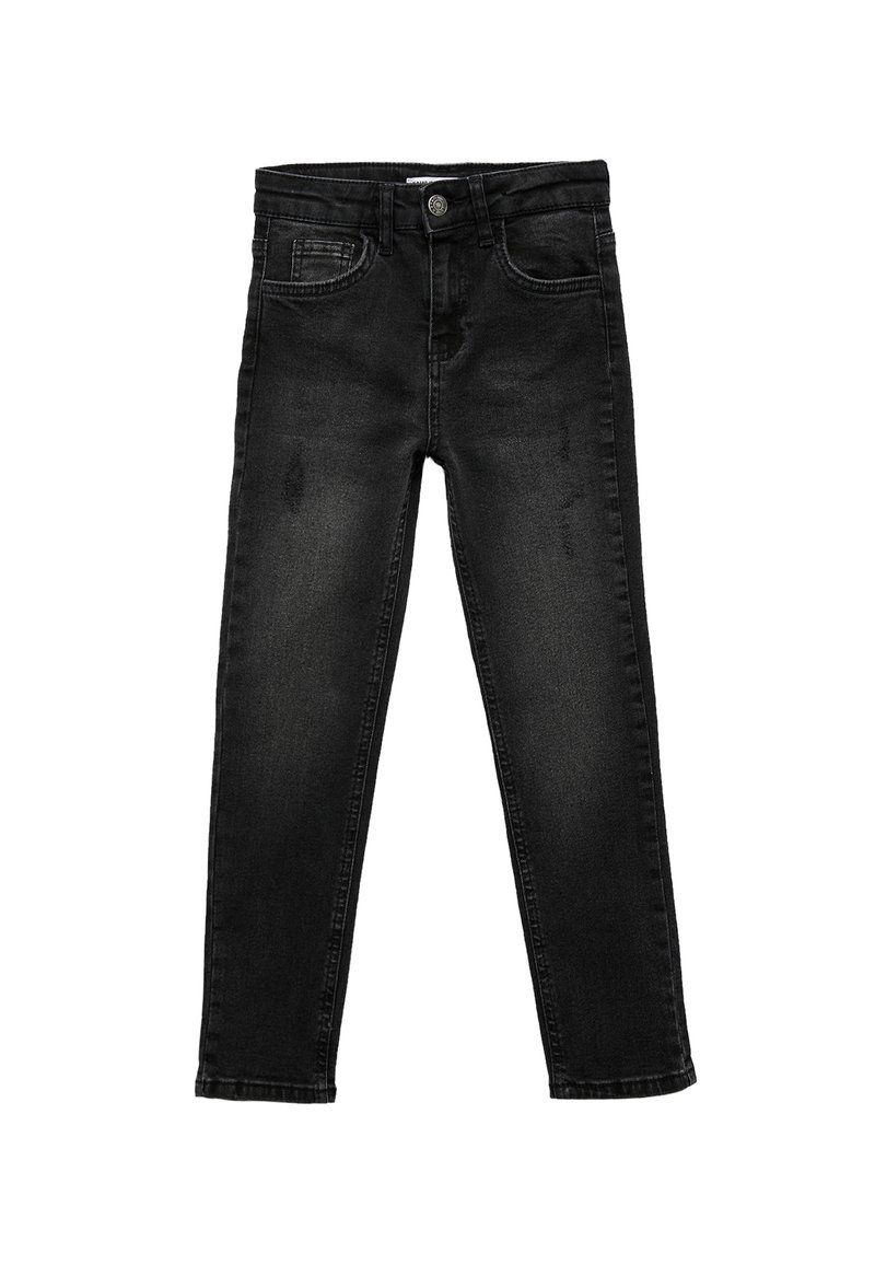 Mustat denim-farkut, joissa on slim fit -leikkaus, viisi taskua, etunapilla kiinnitys ja kevyt haalistuminen. Suora tekstuuri ja vakiopituus.