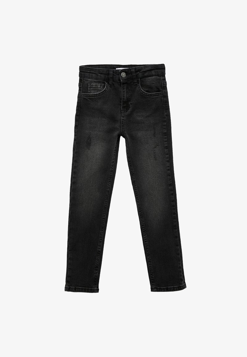 Mustat denim-farkut, joissa on slim fit -leikkaus, viisi taskua, etunapilla kiinnitys ja kevyt haalistuminen. Suora tekstuuri ja vakiopituus.