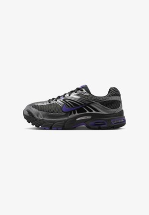 Black and gray running shoes with mesh upper, purple accents, cushioned midsole, and textured rubber outsole. Features laces and branded logo.