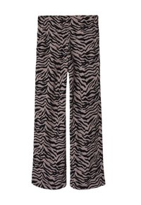 Vide bukser i et mykt stoff, med en beige base og et svart tigerstripemønster. Strukturert overflate med elastisk midjebånd.