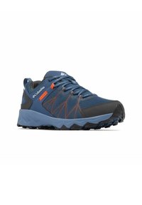 Scarpa da trail running leggera di colore blu con tomaia in mesh traspirante, dettagli grigi e rifiniture arancioni. Presenta una suola testurizzata per una migliore aderenza.