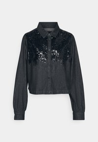 Camicia in denim nera con maniche lunghe, chiusura frontale con bottoni e dettagli in paillettes sulle spalle. Lunghezza cropped con polsini elasticizzati.