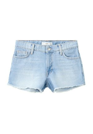 Short en jean bleu clair avec ourlets effilochés, bouton devant, fermeture éclair, passants de ceinture et poches avant et arrière.