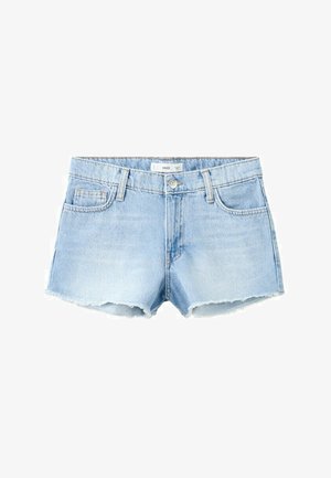 Svetlomodré rifľové šortky s ošúchanými lemami, predným gombíkom, zipsom, pútkami na opasok a prednými a zadnými vreckami.