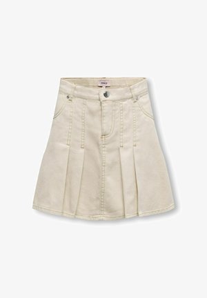 Beige plisseret mininederdel med knapper foran, lommer, bæltestropper og synlige syninger, lavet af denim-lignende stof, mærket "ONLY".