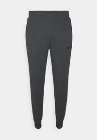 Mörkgrå Puma-sweatpants med elastiskt midjeband och muddar, med en liten Puma-logotyp på övre vänstra låret.