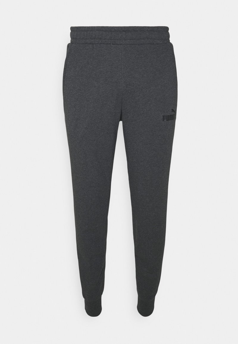 Mörkgrå Puma-sweatpants med elastiskt midjeband och muddar, med en liten Puma-logotyp på övre vänstra låret.