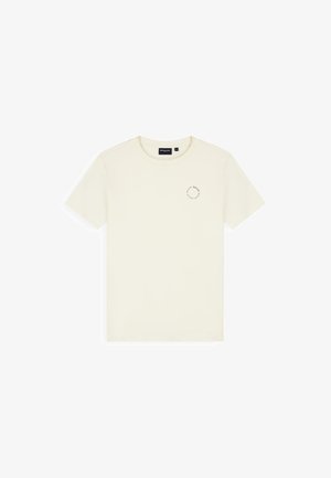 Off-white korte mouw T-shirt met ronde hals en een klein cirkelvormig tekstlogo op de linkerborst.