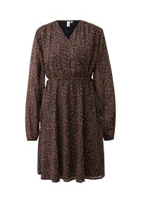 Schwarzes Kleid mit V-Ausschnitt, langen Ärmeln und elastischem Taillenbund. Es hat ein Blumenmuster in Pink und Gelb auf einem dunklen Hintergrund.
