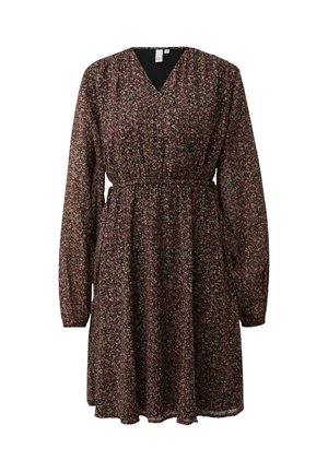 Robe noire avec un décolleté en V, des manches longues et une taille élastique. Présente un motif floral en rose et jaune sur fond sombre.