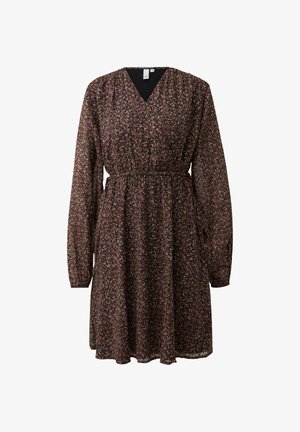 Schwarzes Kleid mit V-Ausschnitt, langen Ärmeln und elastischem Taillenbund. Es hat ein Blumenmuster in Pink und Gelb auf einem dunklen Hintergrund.