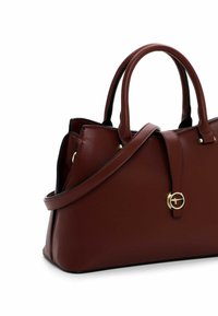 Borsa a mano in ecopelle marrone con forma strutturata, manici doppi, tracolla staccabile e dettagli in metallo dorato.