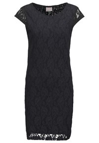 Svart knälång klänning med blommig spetsöverlägg, korta ärmar och rund halsringning.