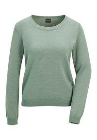 Hellgrüner, gestrickter Pullover mit langen Ärmeln, gerippten Manschetten, Saum und rundem Halsausschnitt.