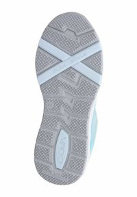 Schuhsohle mit definiertem Traktionsmuster, ausgestattet mit einem hellblauen Akzent auf grauem Grund. Etiketten beinhalten "FLEX ZONE" und den Markennamen "VADO."