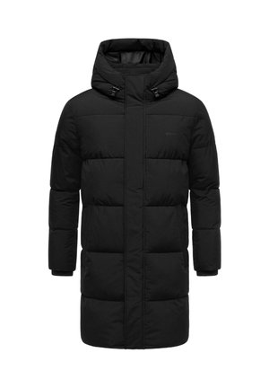 Zwarte pufferjas met capuchon, uitgerust met een ritssluiting en drukknoopsluiting, een boxy silhouet, een fluffy textuur en een minimale branding op de borst.