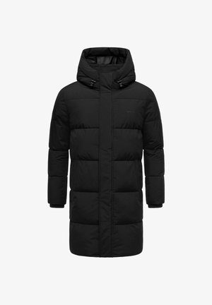 Zwarte pufferjas met capuchon, uitgerust met een ritssluiting en drukknoopsluiting, een boxy silhouet, een fluffy textuur en een minimale branding op de borst.