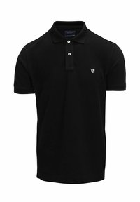 Zwarte poloshirt van katoen, met een klassieke kraag, een placket met drie knopen en een klein logo op de borst. Korte mouwen.