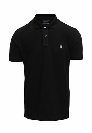 Polo shirt noir en coton, avec un col classique, patte de boutonnage à trois boutons et un petit logo sur la poitrine. Manches courtes.