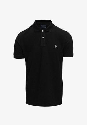 Polo shirt noir en coton, avec un col classique, patte de boutonnage à trois boutons et un petit logo sur la poitrine. Manches courtes.