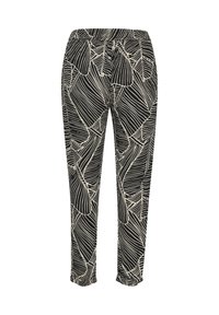 Schwarze und cremefarbene gemusterte Hose mit geometrischem Blättermuster, ausgestattet mit einem elastischen Bund und schmal zulaufenden Beinen. Weicher Stoff.