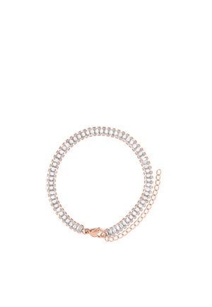 Rose gold bracelet with clear rectangular gemstones set all around, featuring an adjustable chain and lobster clasp closure.
