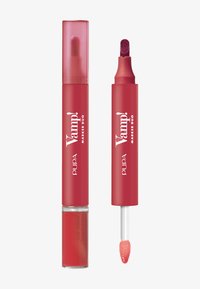 Producto labial con doble extremo que presenta un tubo rosa con un lado de líquido brillante y una punta de marcador para la aplicación. El empaque incluye la marca en blanco.