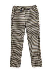 Mønstret skræddersyet bukser i brun og marinehvid houndstooth, med elastisk talje og to sidelommer, samt en tætsiddende ben-design.