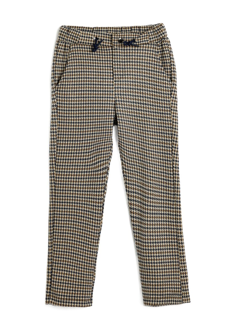 Mønstret skræddersyet bukser i brun og marinehvid houndstooth, med elastisk talje og to sidelommer, samt en tætsiddende ben-design.