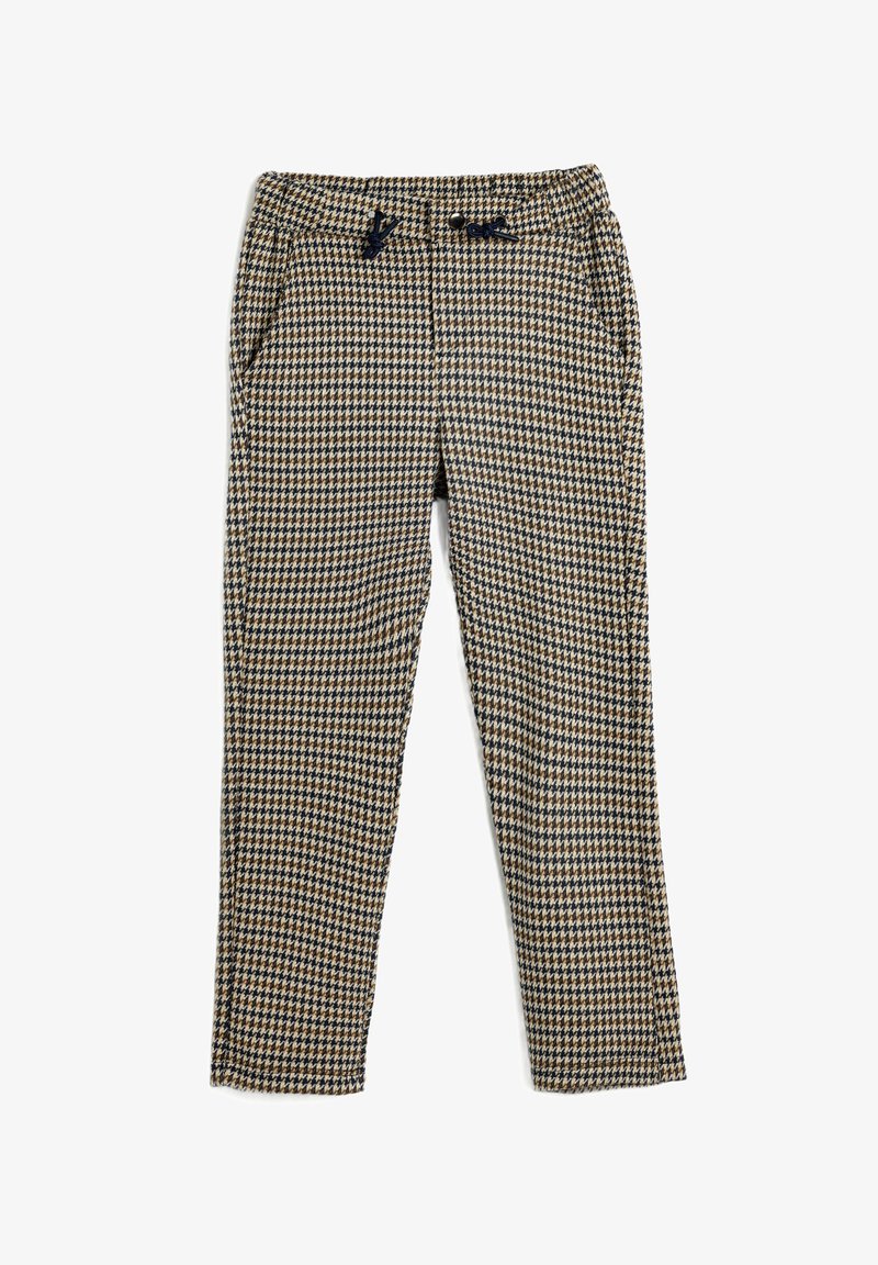 Pantalons ajustés à motifs en pied de poule brun et bleu marine, avec une taille à cordon de serrage et deux poches latérales, présentant une coupe fuselée.
