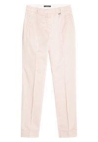 Pantalons rose clair en tissu avec une texture lisse, dotés de poches latérales, d'une coupe ajustée et de ourlets côtelés.