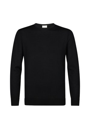 Maglione nero a maglia con scollo rotondo, maniche lunghe, vestibilità standard e polsini e orlo a costine. Texture liscia, senza motivi o accessori visibili.