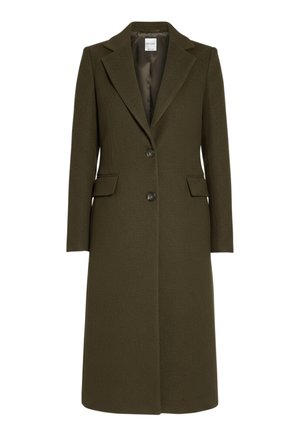 Olivengroene wollen jas met een getailleerd ontwerp, opstaande revers, twee knopen en zijzakken. Gladde textuur en knielang model.