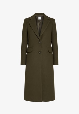 Olivengroene wollen jas met een getailleerd ontwerp, opstaande revers, twee knopen en zijzakken. Gladde textuur en knielang model.