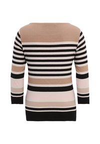 Langärmliges Oberteil mit gestreiftem Muster, featuring beigen, rosa und schwarzen horizontalen Streifen. Weicher Stoff mit rundem Ausschnitt und taillierter Form.
