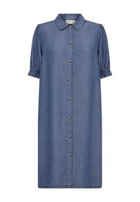Rochie din denim cu manșete scurte pufoase, guler, butoane frontale și croială dreaptă. Prezintă cusături contrastante și manșete elastice.