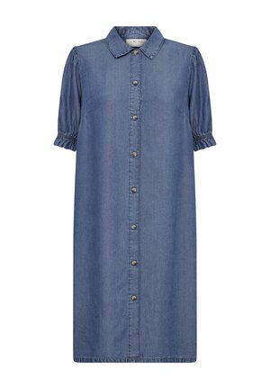 Jeanskjole med korte pufærmer, krave, forsideknapper og lige snit. Har kontrasterende syninger og elastiske manchetter.