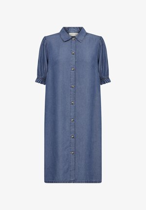 Vestido de mezclilla con mangas cortas abullonadas, cuello con solapa, botones delanteros y corte recto. Presenta costuras en contraste y puños elásticos.