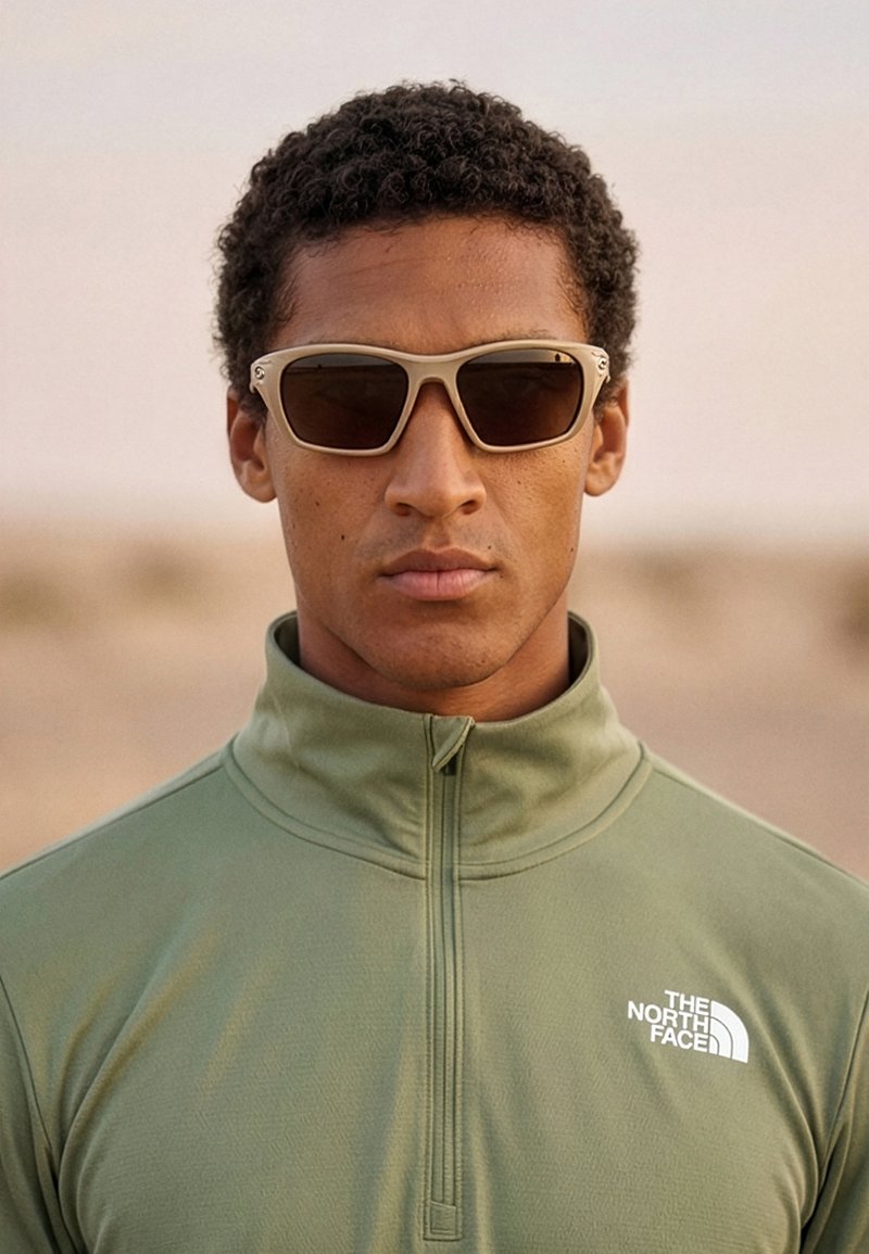 Mężczyzna o krótkich kręconych włosach, noszący beżowe okulary przeciwsłoneczne i oliwkowo-zieloną kurtkę zapinaną na zamek z logo The North Face.