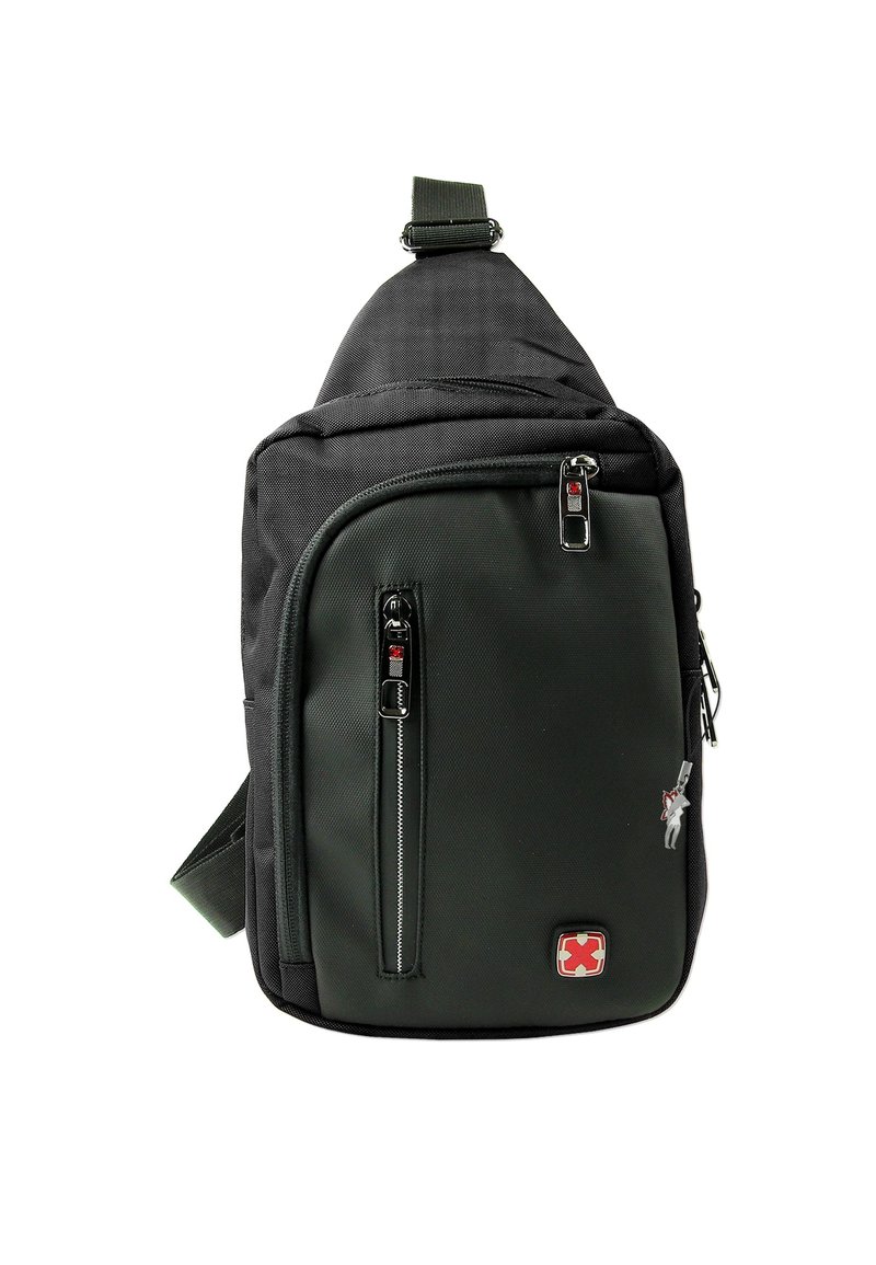 Eén-schouder sling bag in donker groen en zwarte stof, met ritssluitingen, verstelbare band en logo-detail.