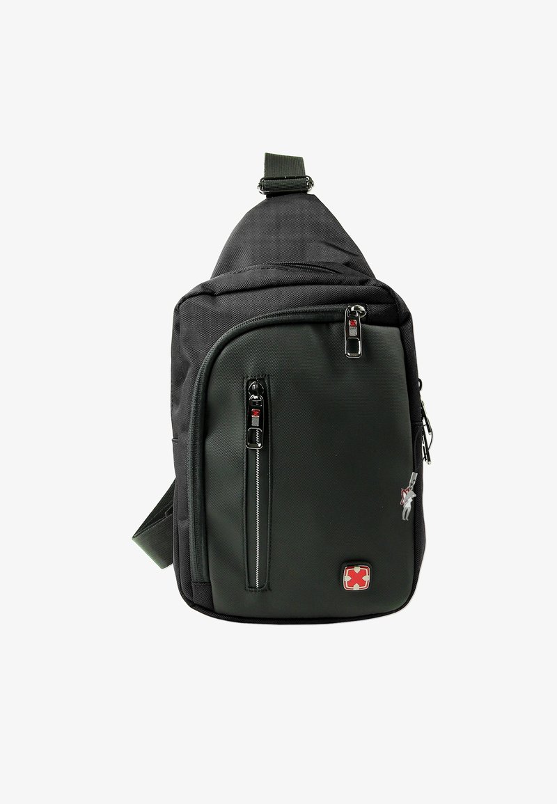 Eén-schouder sling bag in donker groen en zwarte stof, met ritssluitingen, verstelbare band en logo-detail.