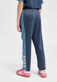 Marineblaue Sporthose mit hellblauen Seitenpaneelen und pinkfarbenen Akzenten, mit einem verjüngten Design und Chevron-Muster entlang des Beins.