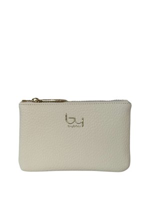 Piccola pochette in pelle beige testurizzata con cerniera dorata e logo "byblos" dorato al centro sul davanti.