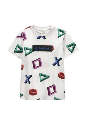 Biała koszulka z krótkim rękawem z kolorowymi symbolami przycisków PlayStation oraz czarnym, prostokątnym logo z napisem PlayStation na środku.