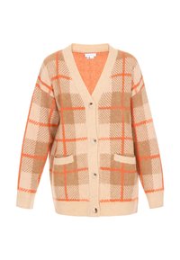 Cardigan beige con grande motivo a quadri arancioni e marroni. Presenta un collo a V, bottoni sul fronte e due tasche frontali. Texture morbida.